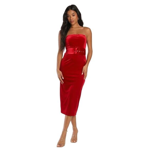 Lulus Center Stage Style Red Velvet Belted Strapless Midi Dress Size XS - Picture 1 of 8
